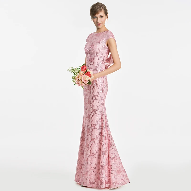 Платье подружки невесты Tanpell розовое платье с рукавами-крылышками длина до пола
