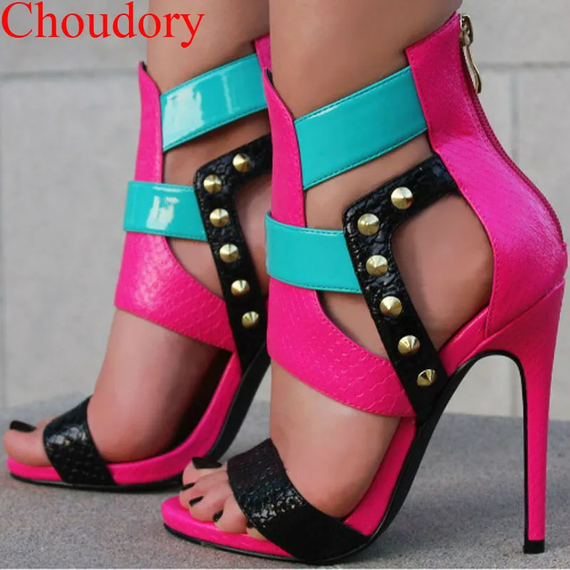 

Sexy Summer Women Punk Metal Rivets Studs Mixed Colors Patent Leather Patched Sandals Thin High Heels Cut out Zip Sandal Shoes