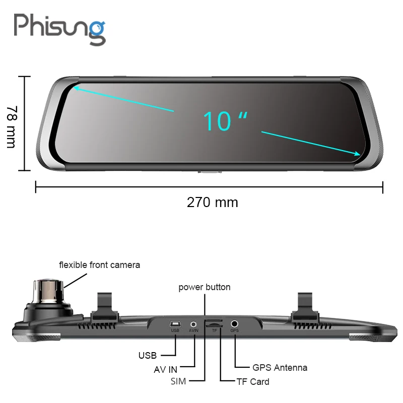 Зеркало-видеорегистратор Phisung E08 plus Автомобильный регистратор с 10-дюймовым