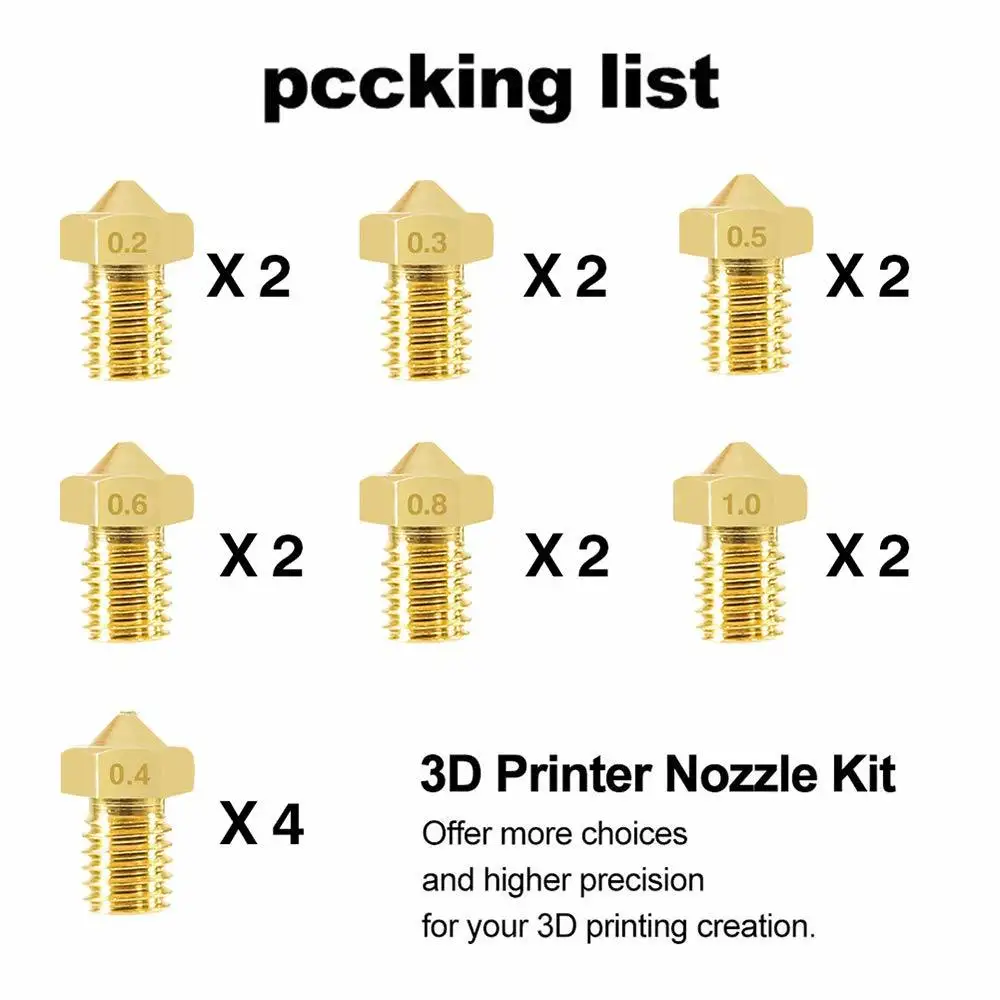 

Форсунки для 3D-принтера, 16 шт., M6, 3D-принтер 0,2 мм 0,3 мм 0,4 мм 0,5 мм 0,6 мм 0,8 мм 1,0 мм, экструдер, латунная насадка для печати E3D V5 V6