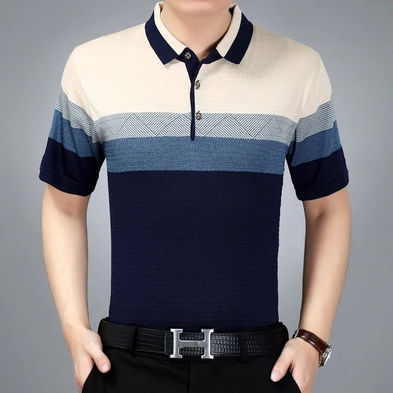 

Summer classic middle-aged male short sleeve polo lapel striped polos dad men thin cotton Polo Business Casual Breathable shirt