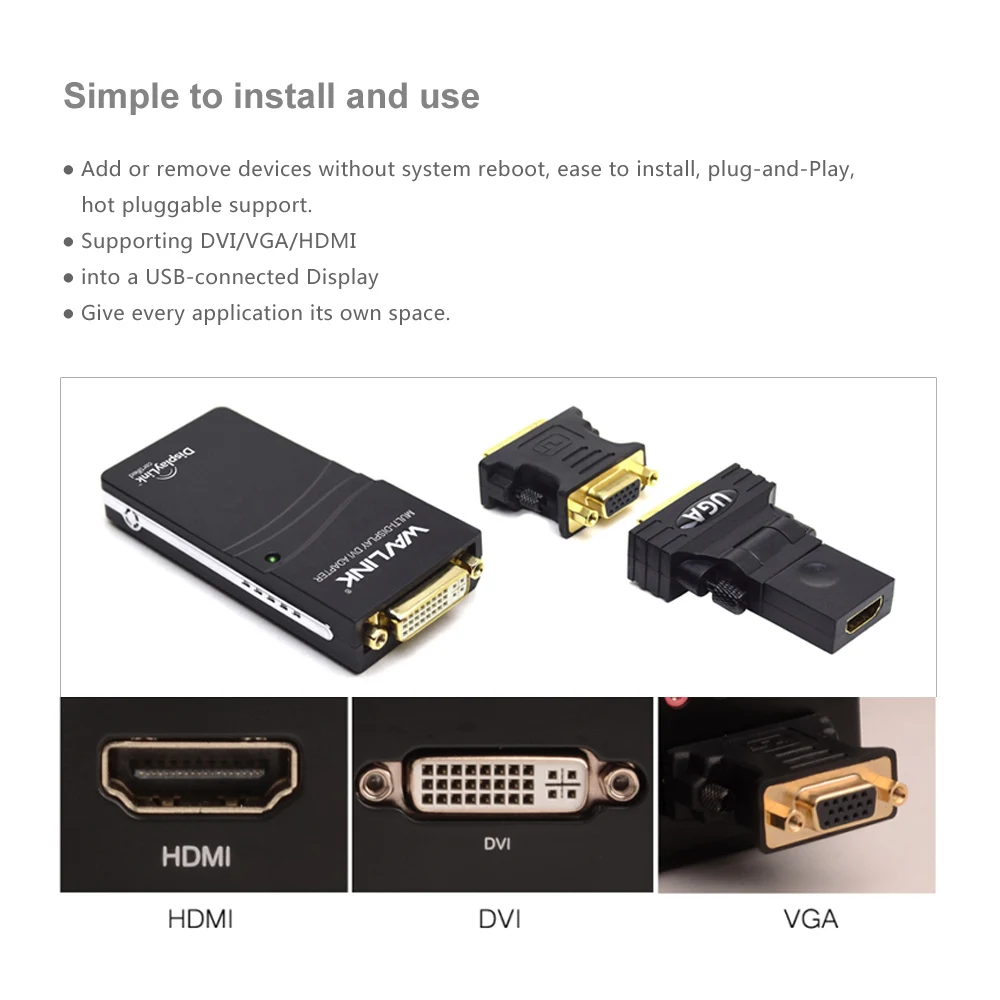 Адаптер Wavlink с USB 2 0 на DVI/VGA/HDMI для видеографического дисплея (HDTV CRT LCD проектор)