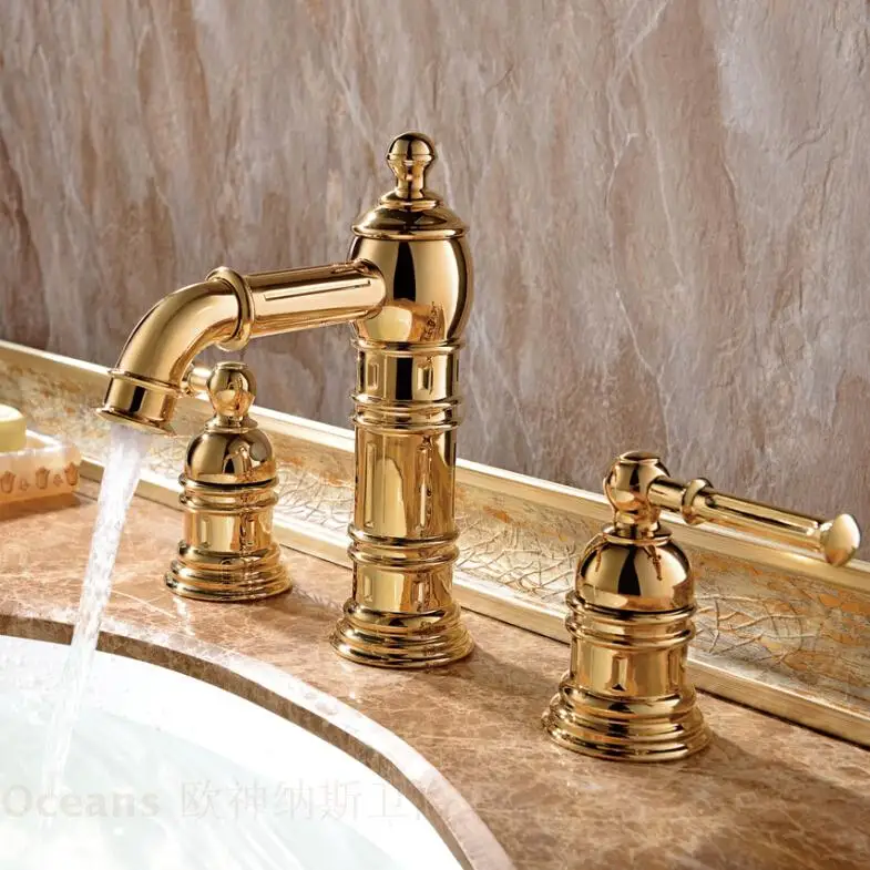 Full copper gold-plated hot and cold water faucet classical European style antique double three-hole sitting marble sink faucet
Full copper gold-plated hot and cold water faucet classical European style antique double three-hole sitting marble sink faucet