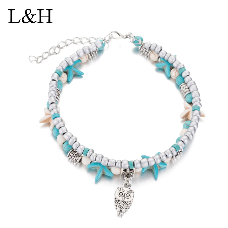 

L&H Bohemian Multiple Layers Starfish Elephant Beads Anklets For Women Vintage Boho Shell Chain Anklet Bracelet Beach Jewelry