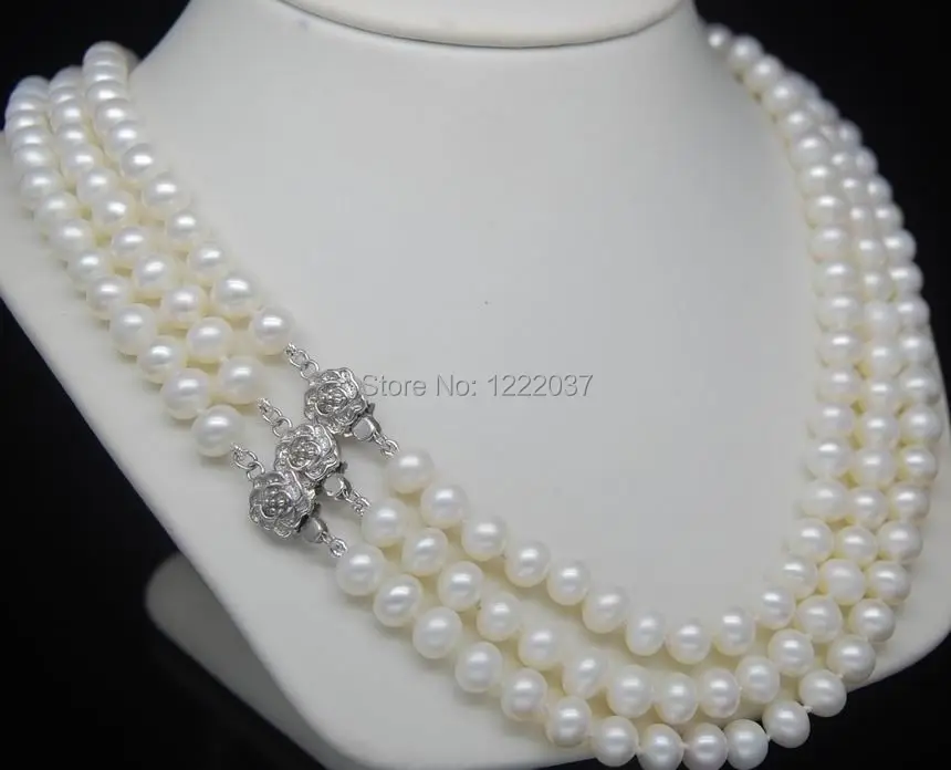 natural Sale 3 strand Real AAA 8-9mm charming White Oblate pearl necklaces
