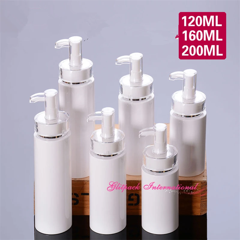 

120ml 160ml 200ml cosmetic sprayer bottle luxury PET spray bottles w/ Acrylic lotion pump White PET cylinder silver High-end