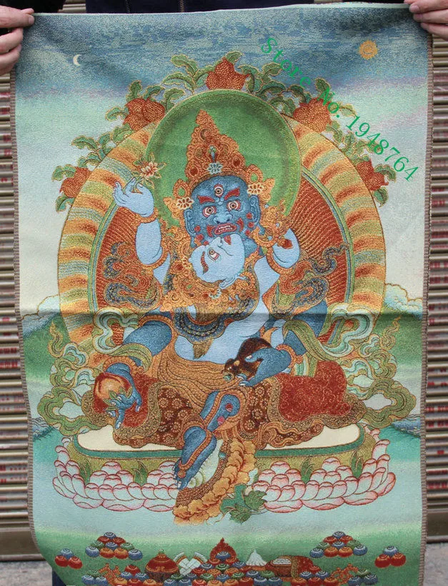 

36 inch Tibet Silk Embroidered Yellow Jambhala Wealth God Buddha Thangka Paintings Mural