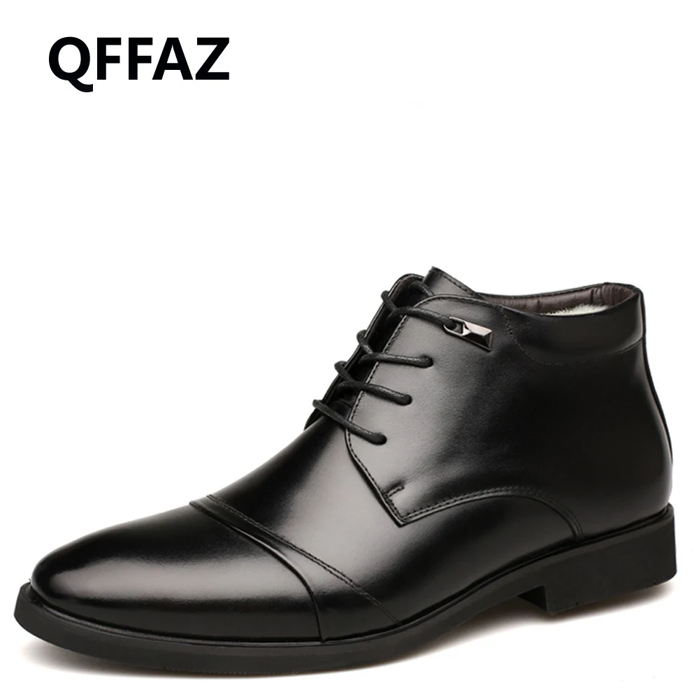Мужские ботинки QFFAZ теплые плюшевые мужские зимние ботильоны на шнуровке деловые