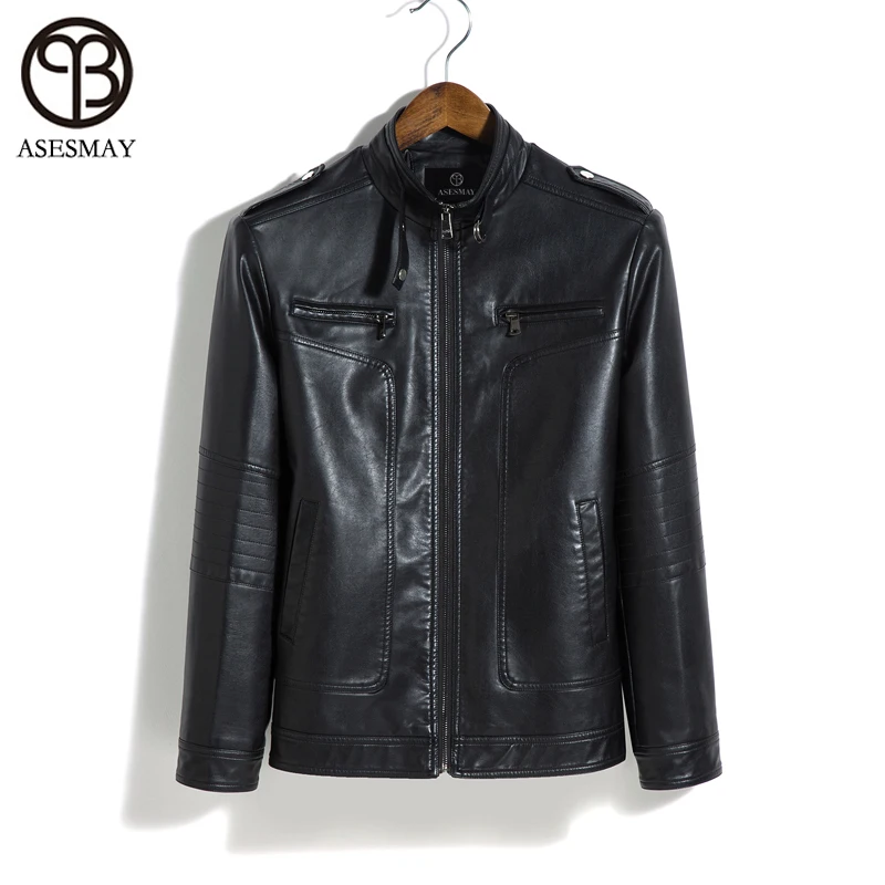 Asesmay 5XL Новая мужская тонкий короткие кожаные куртки мужчины Стенд Куртка с