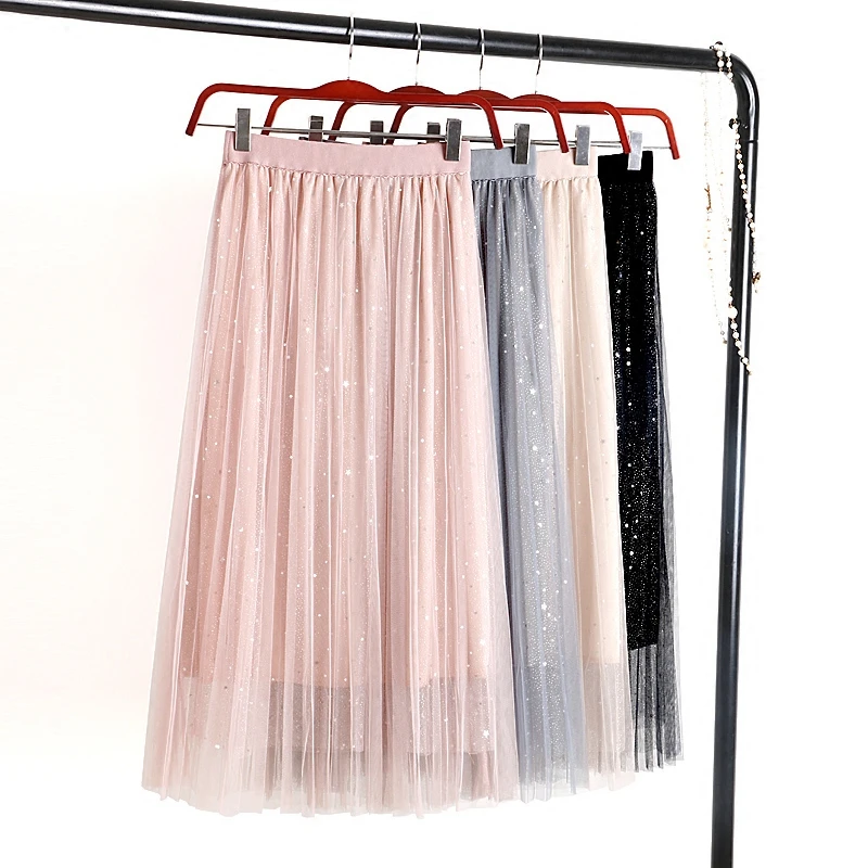 2018 New Spring Autumn Women Mesh Tulle Long Pleated Skirts Female Sweet Stars Sequined Layered Skirts Elastic Waist Jupe Q44
2018 New Spring Autumn Women Mesh Tulle Long Pleated Skirts Female Sweet Stars Sequined Layered Skirts Elastic Waist Jupe Q44