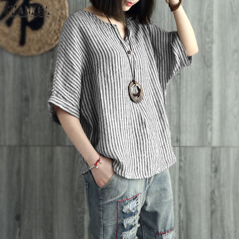 S- ZANZEA 2022 Women Summer Striped Blouse Casual V Neck Sleeve Shirt Loose Cotton Linen Work OLTop Blusas
S- ZANZEA 2022 Women Summer Striped Blouse Casual V Neck Sleeve Shirt Loose Cotton Linen Work OLTop Blusas