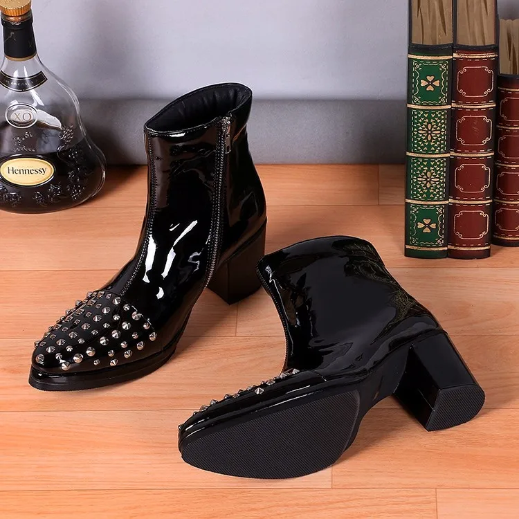 2020 Mens Winter Fall Boots Rivets Stud Ankle High heels Patent leather Men's Boots Black Stage Party Boots Plus Size 38-47
2020 Mens Winter Fall Boots Rivets Stud Ankle High heels Patent leather Men's Boots Black Stage Party Boots Plus Size 38-47