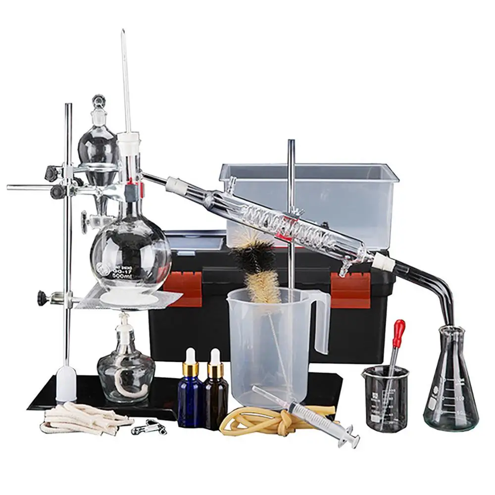 44pcs New 500ml Lab Essential Oil Distillation Apparatus Water Distiller Purifier Glassware Kits w/Tool Case Condenser Pipe
44pcs New 500ml Lab Essential Oil Distillation Apparatus Water Distiller Purifier Glassware Kits w/Tool Case Condenser Pipe