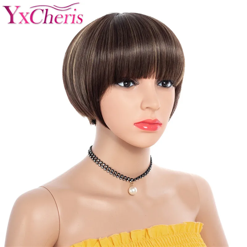 Pixie Cut Wigs Female Short Hair Wig Brown Mixed Color Heat Resistant Fiber Synthetic Straight Bob For Black Women | Шиньоны и парики