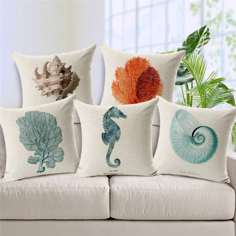 

Marine Life Coral Conch Hippocampus Print Cushion Cover Cojines Sofa tropical Throw Pillow Printed Cotton Linen Square Fundas