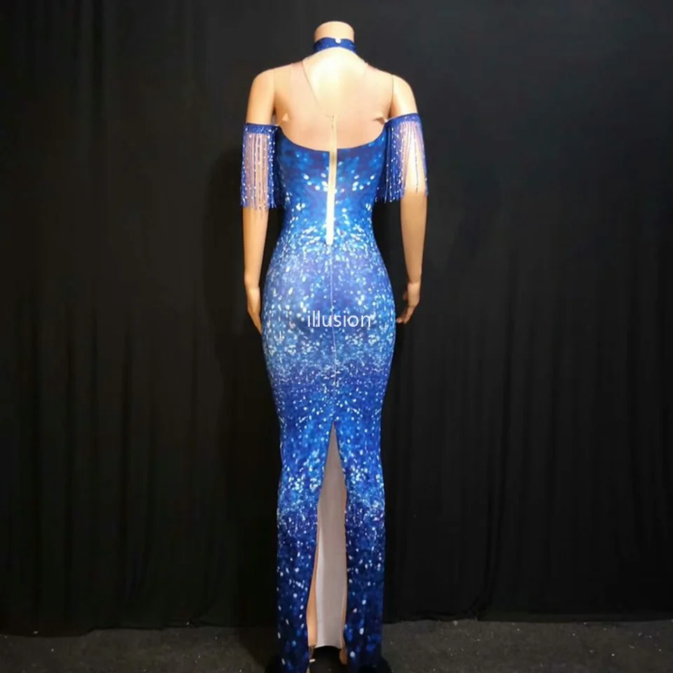 Blue Shining Tassel 3D Print Off Shoulder Long Dress Women Singer Dance Outfit Stage Wear Club Show Evening Birthday Party Dress
Blue Shining Tassel 3D Print Off Shoulder Long Dress Women Singer Dance Outfit Stage Wear Club Show Evening Birthday Party Dress