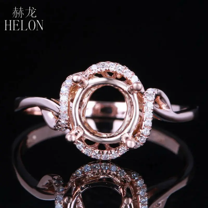 

HELON Solid 14K Rose Gold HALO Round 6.5mm Semi Mount Setting 0.1ct Diamonds Engagement Wedding Ring Fashion Fine Jewelry Ring
