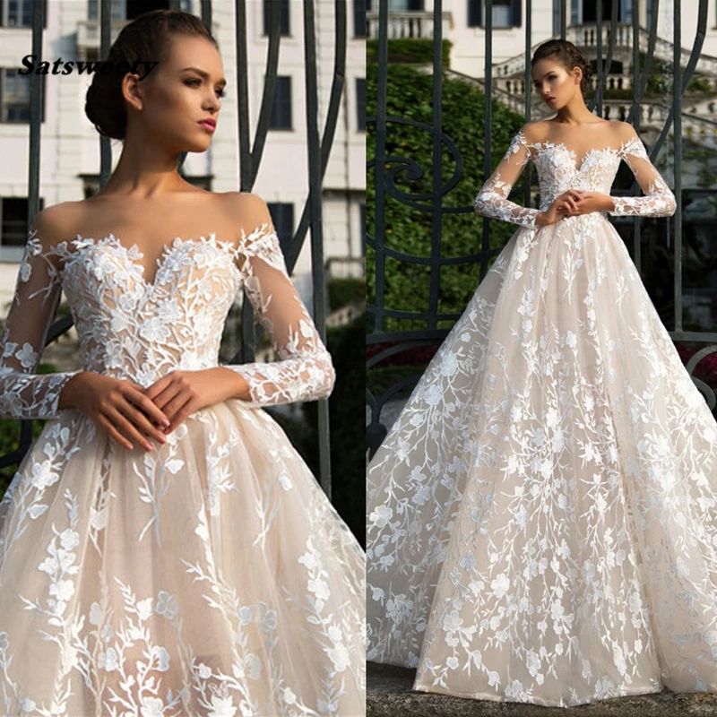 Elegant Lace Wedding Gowns Sheer Neck Long Sleeves Ivory Nude Backless Floor Length Aline Bridal Gowns Sexy Women Dresses
Elegant Lace Wedding Gowns Sheer Neck Long Sleeves Ivory Nude Backless Floor Length Aline Bridal Gowns Sexy Women Dresses