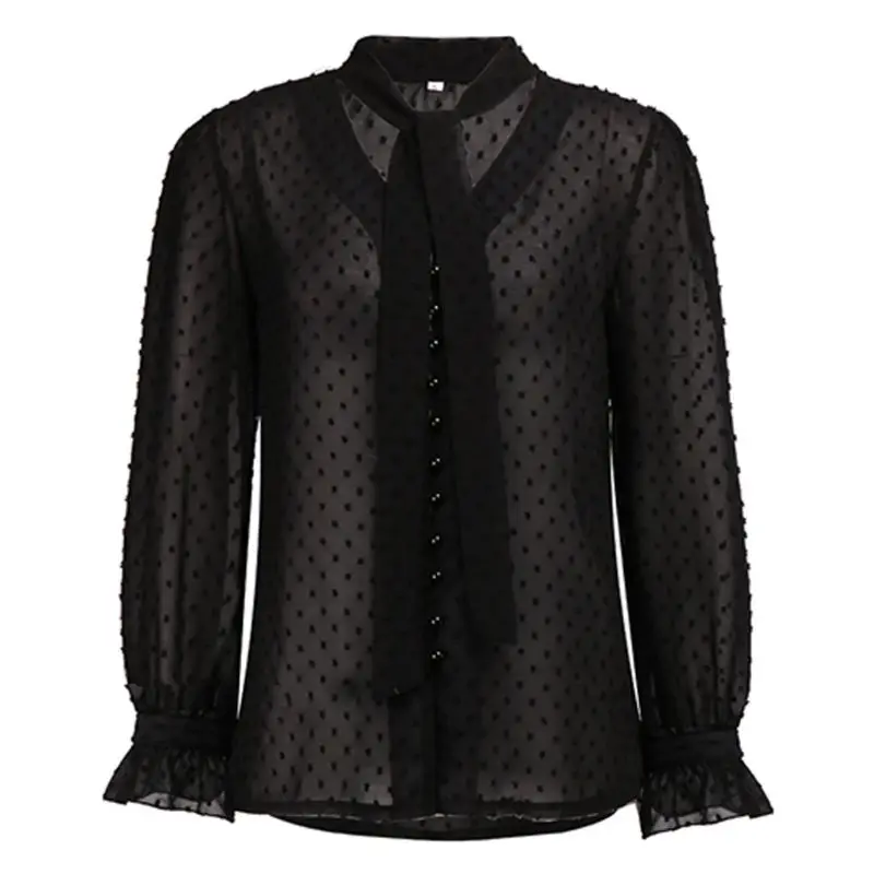 Womens Autumn Flare Long Sleeves Blouse Sexy See-Through V-Neck Loose Tops Neck Tie Button Down Polka Dot Chiffon Sheer Tops
Womens Autumn Flare Long Sleeves Blouse Sexy See-Through V-Neck Loose Tops Neck Tie Button Down Polka Dot Chiffon Sheer Tops