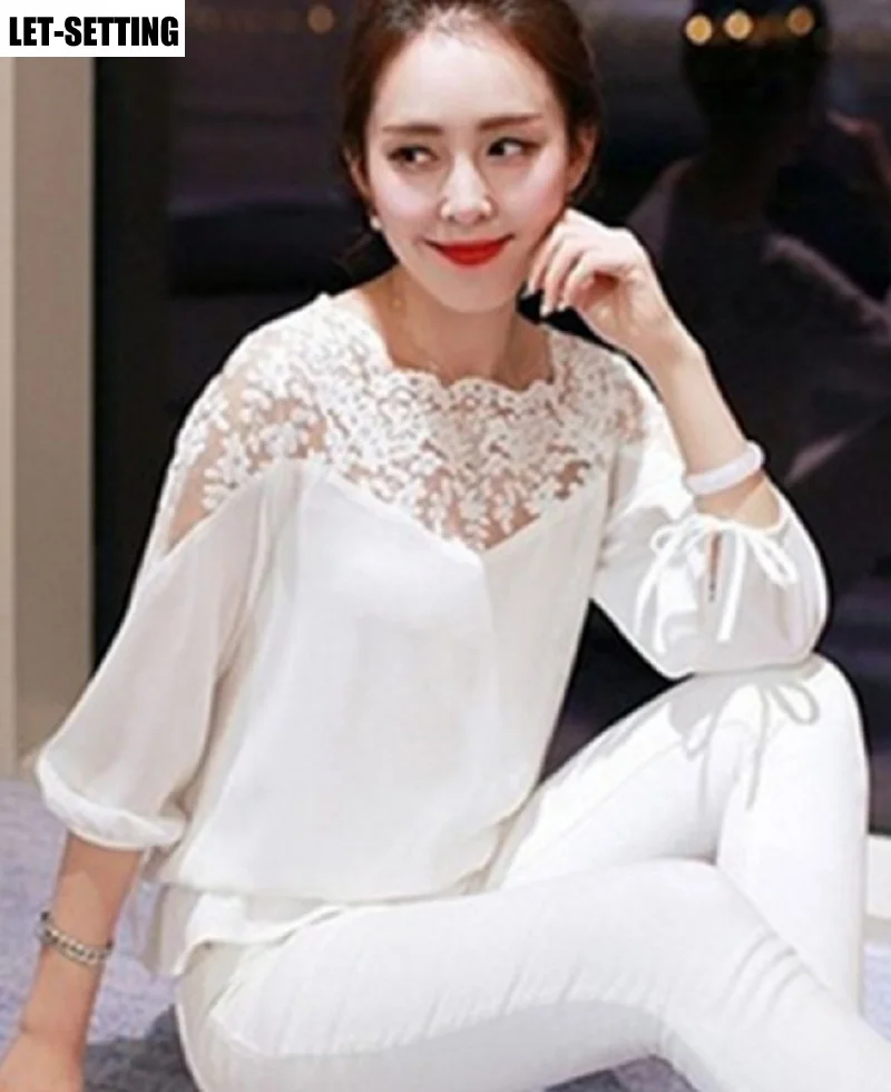 new fashion loose lace stitching chiffon shirt cropped sleeves sweet lace openwork top S-2XL,black,white
new fashion loose lace stitching chiffon shirt cropped sleeves sweet lace openwork top S-2XL,black,white