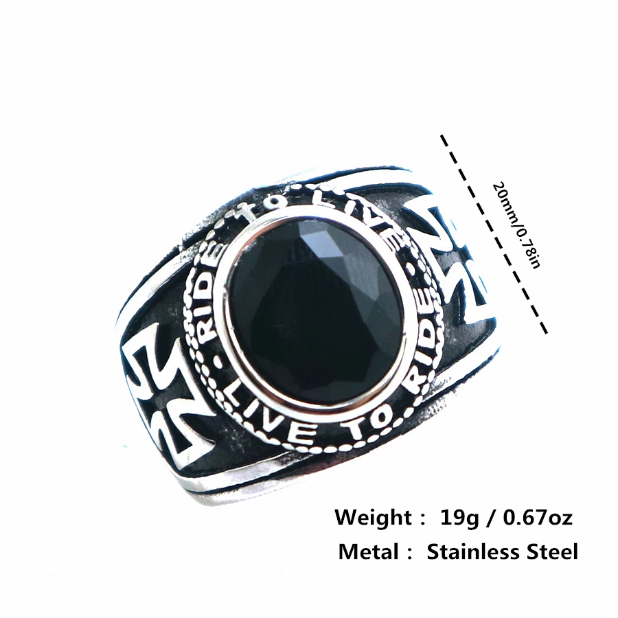 

Size 7 To Size 15 Classic Unisex 316L Stainless Steel Cool Ride To Live, Live To Ride Black Stone Cross Biker Ring For Gift