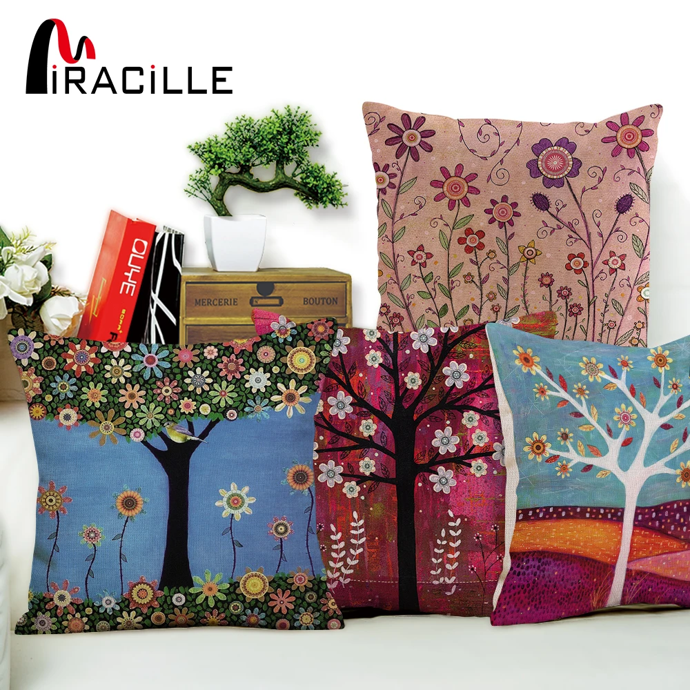 

Miracille 18" Cotton Linen Color Tree Print Pillow Bed Sofa Home Decorative Cushion Fundas Para Almofadas Cojines No Inner