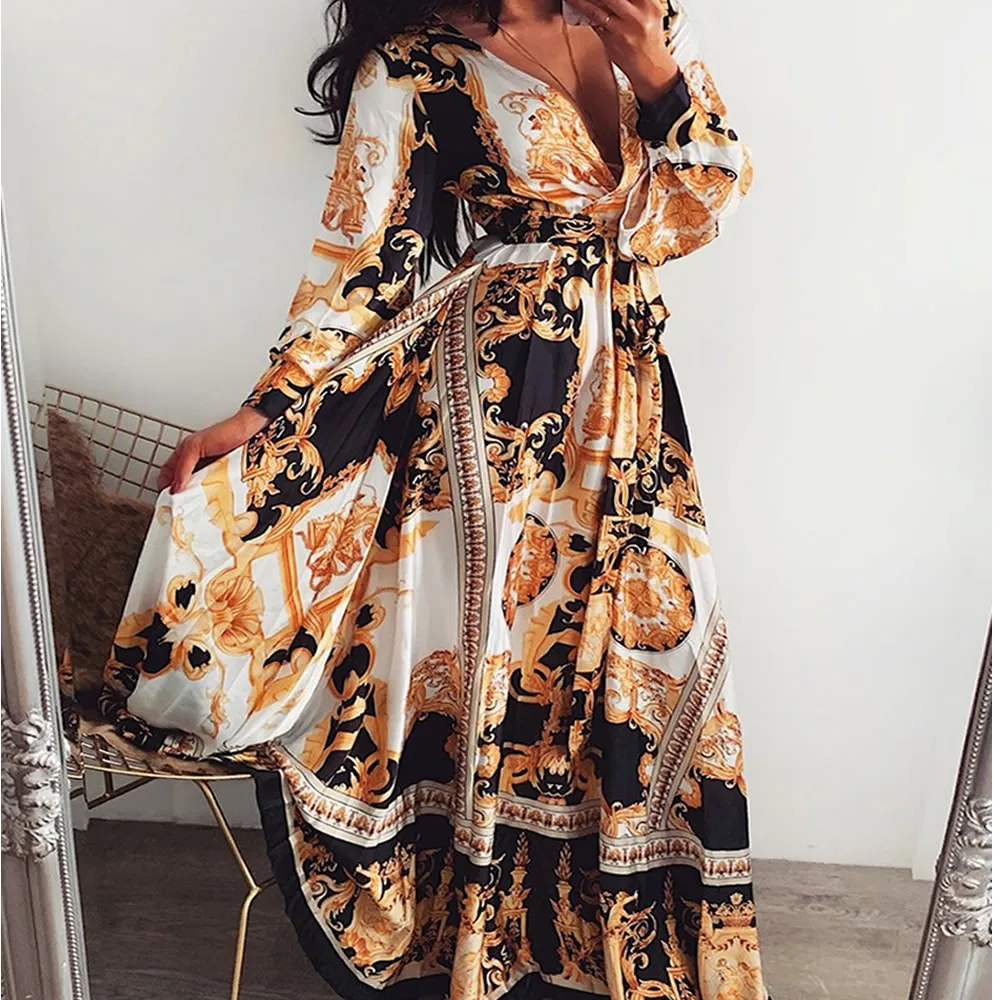 Slim One-Piece Dress Korean Large Hem Design Deep V Long Style Dress Woman Elegant Printed Deep V Foor Lenght Vestidos Dress
Slim One-Piece Dress Korean Large Hem Design Deep V Long Style Dress Woman Elegant Printed Deep V Foor Lenght Vestidos Dress