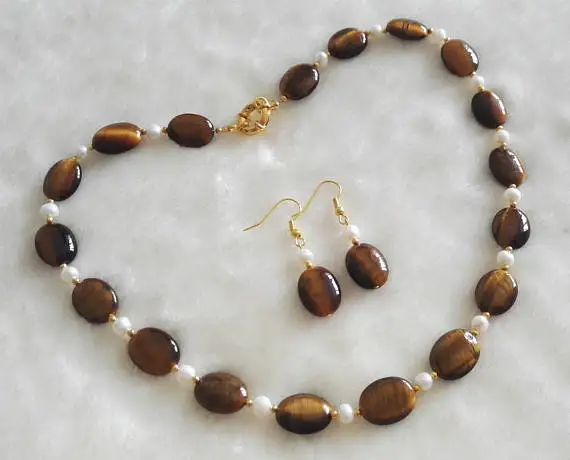 

New Arriver Pearl Jewellery Set,AA 5-18mm Cultured Freshwater Pearl Tiger Eye Stone Necklace Earrings,Fashion Woman Jewelry Gift