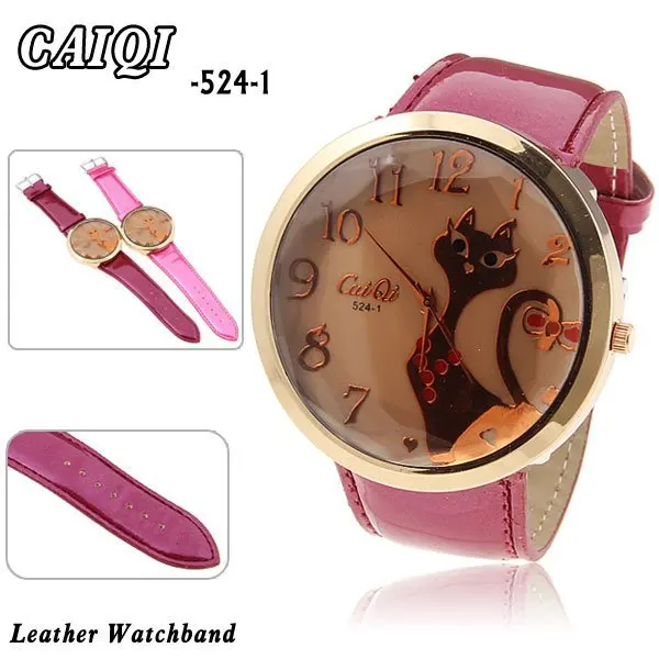 caiqi women's quartz wrist watch with water resistant cat patterned round shaped dial 23mm leather band | Наручные часы