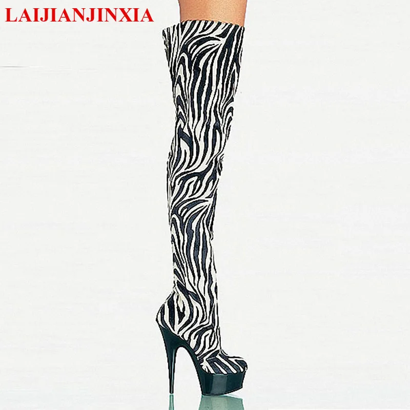 

LAIJIANJINXIA 15cm Fashionable Zebra Horsehair Leather Platforms Womens Boots 6 Inch High Heel Shoes Sexy Thigh High Boots