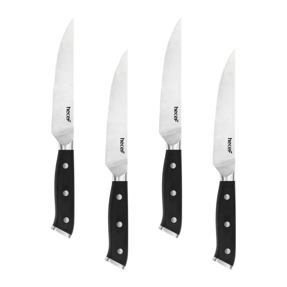 Hecef Steak Knife Set of 4, Half Serrated Knife, Black Handle, 5 Inches, Stainless Steel, For Slicing
Hecef Steak Knife Set of 4, Half Serrated Knife, Black Handle, 5 Inches, Stainless Steel, For Slicing