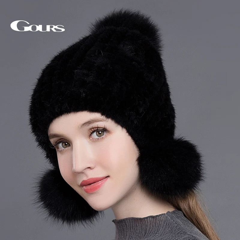 

Gours Women's Fur Hats Knitted Real Mink Fur Pom Poms Beanies Fashion Thick Warm In Winter Caps with 3 Fox Fur Balls New Arrival