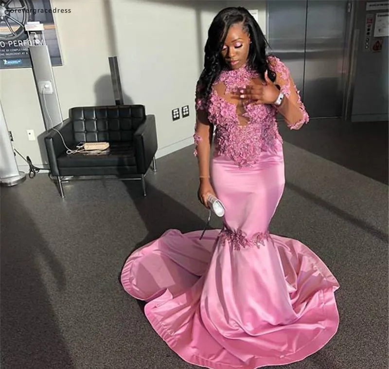 

Pink Prom Dresses South African Black Girls Long Sleeves Formal Pageant Holidays Wear Graduation Evening Party Gowns Custom Made