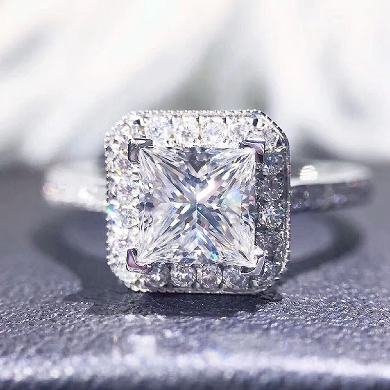 1ct 6 мм Твердое 18K Белое Золото DF цветное кольцо принцессы огранка Moissanite Halo Lab Grown