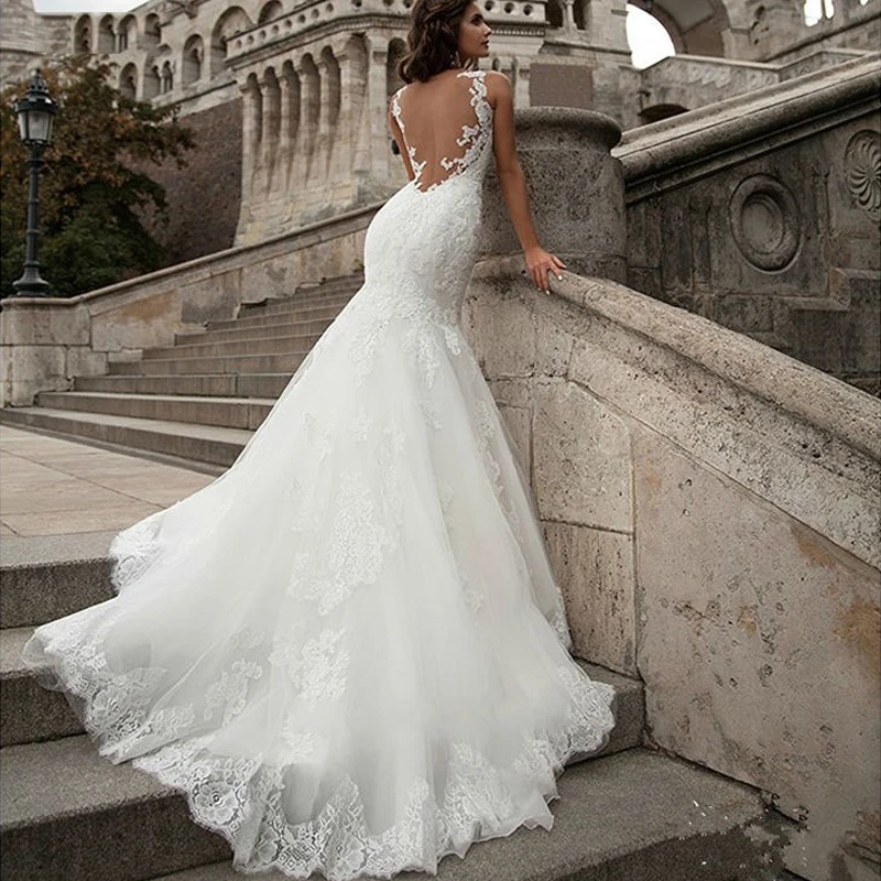 Elegant Lace Appliques Mermaid Wedding Dresses Sexy Illusion Back Bridal Wedding Gowns White Ivory vestido de noiva Custom made
Elegant Lace Appliques Mermaid Wedding Dresses Sexy Illusion Back Bridal Wedding Gowns White Ivory vestido de noiva Custom made