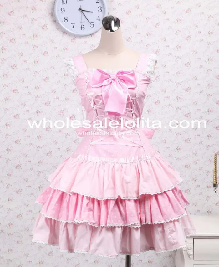 Cute Cotton Pink Lace Front Ties Bow Sweet Lolita Dress Princess Style Ball Gown Custom Made 
Cute Cotton Pink Lace Front Ties Bow Sweet Lolita Dress Princess Style Ball Gown Custom Made