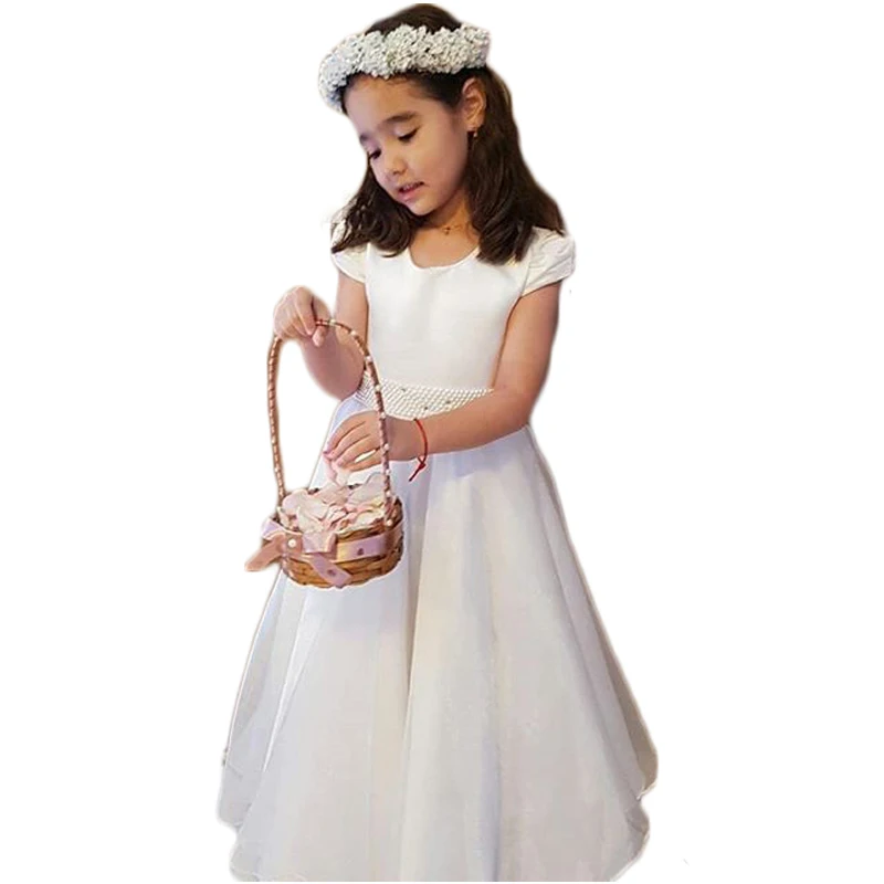 White Satin Flower Girls Dresses A-Line Short Sleeve Scoop Beaded Wais Charming First Communion Dresses vestido daminha SF58
White Satin Flower Girls Dresses A-Line Short Sleeve Scoop Beaded Wais Charming First Communion Dresses vestido daminha SF58