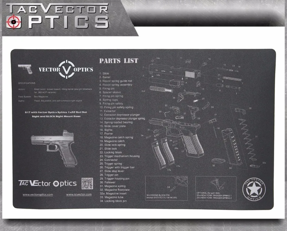 Vector Optics 20x12'' Handgun Gunsmith's Gun Cleaning and Maintenance Bench Rubber Mat with For Glock Imprint , Black Accessory
Vector Optics 20x12'' Handgun Gunsmith's Gun Cleaning and Maintenance Bench Rubber Mat with For Glock Imprint , Black Accessory