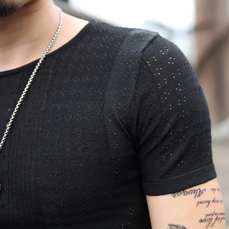 Summer New Mens Short-sleeved T-shirt Korean Slim Fit Collar Ice Silk Hollow Out T-shirt Youth Personality Trend T-shirt
