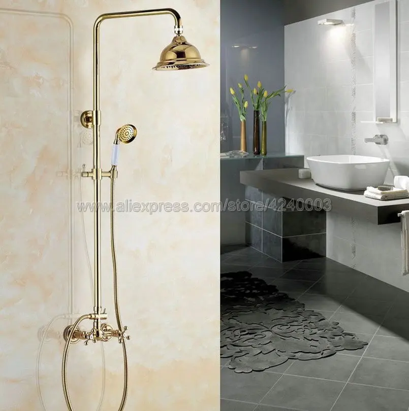 Golden Brass Bathroom Rainfall Shower Faucet Set Mixer Tap With Hand Sprayer Wall Mounted Bath Shower Sets Double Handle Kgf336
Golden Brass Bathroom Rainfall Shower Faucet Set Mixer Tap With Hand Sprayer Wall Mounted Bath Shower Sets Double Handle Kgf336