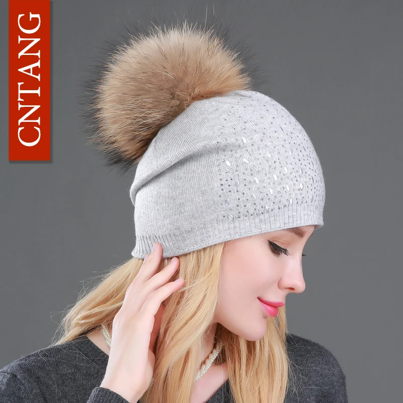 CNTANG 2018 Winter Female Hats Beanies Fashion Fur Headgear For Women Hat With Pompom Wool Warm Knitted Double Deck Caps Ladies |