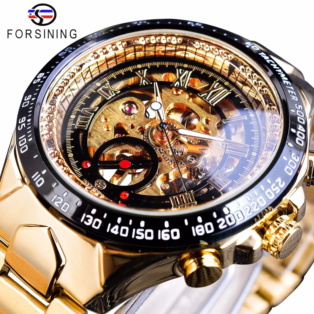 

Forsining Stainless Steel Classic Series Transparent Golden Movement Steampunk Men Mechanical Skeleton Watches Top Brand Luxury