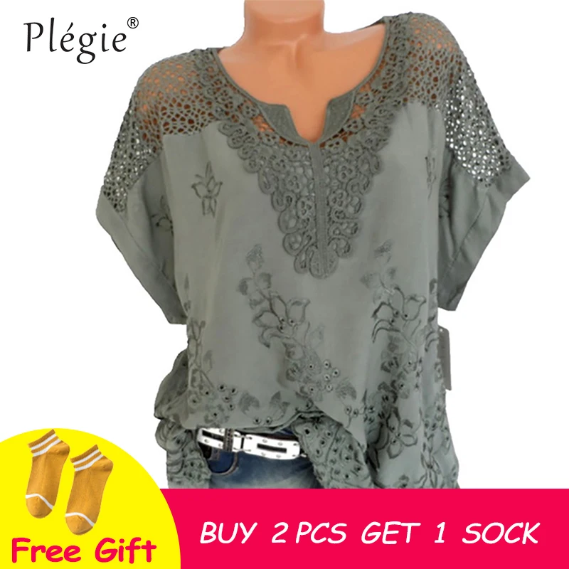 

Plegie Floral Embroidery Women Shirt Blouse Hollow Out V Neck Short Sleeve Blusa Feminina 5XL Big Size Womens Tops And Blouses