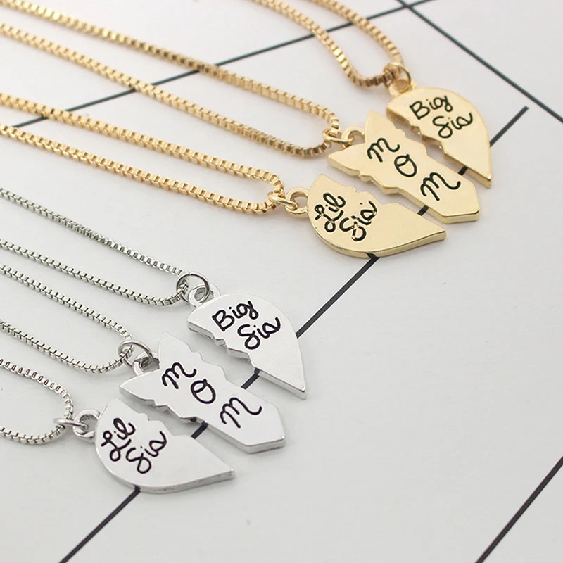 3pcs/set Lettering Necklace"Little Sis MOM Big Sis" Love Heart Pendant Mother Daughters kids Birthday Family Special Gift 369667 |