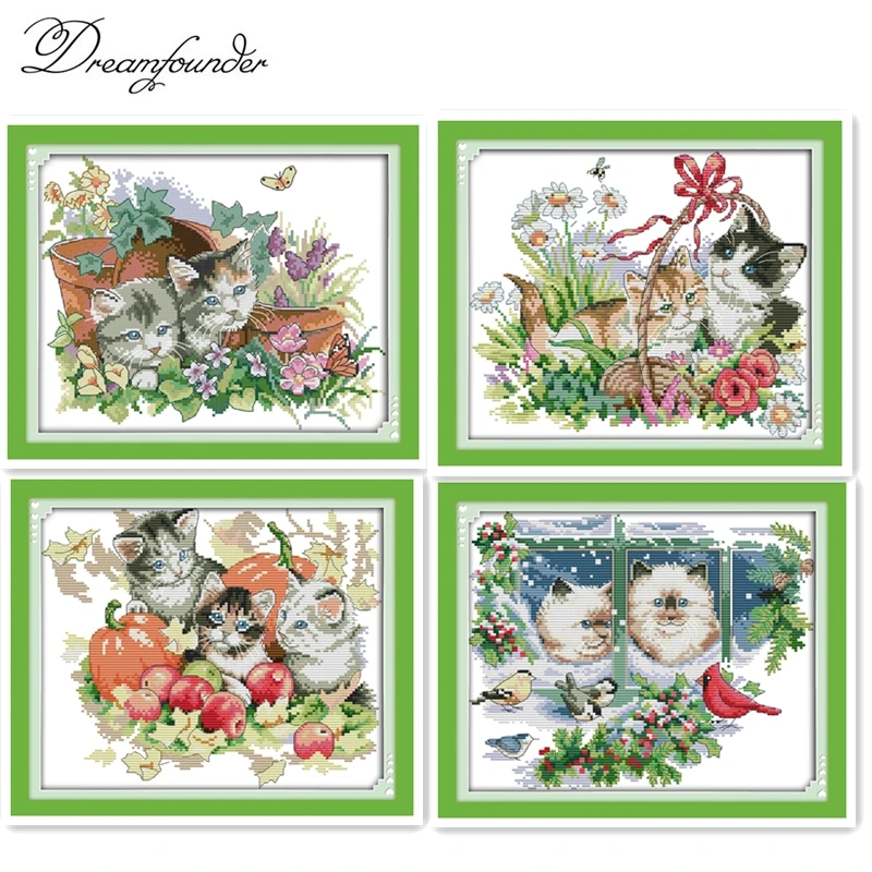 

Four seasons cats cross stitch kit spring summer autumn winter 14ct 11ct count canvas embroidery DIY handmade needlework plus