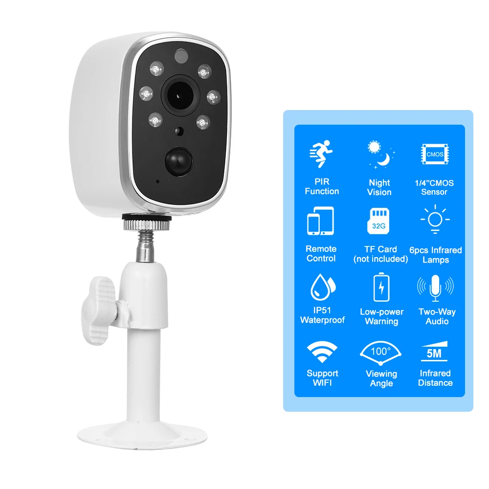 720P Wireless WiFi IP Camera Low Power Consumption Battery Camera PIR Function Super Long Standby TF Card Storage Two Way Audio
720P Wireless WiFi IP Camera Low Power Consumption Battery Camera PIR Function Super Long Standby TF Card Storage Two Way Audio