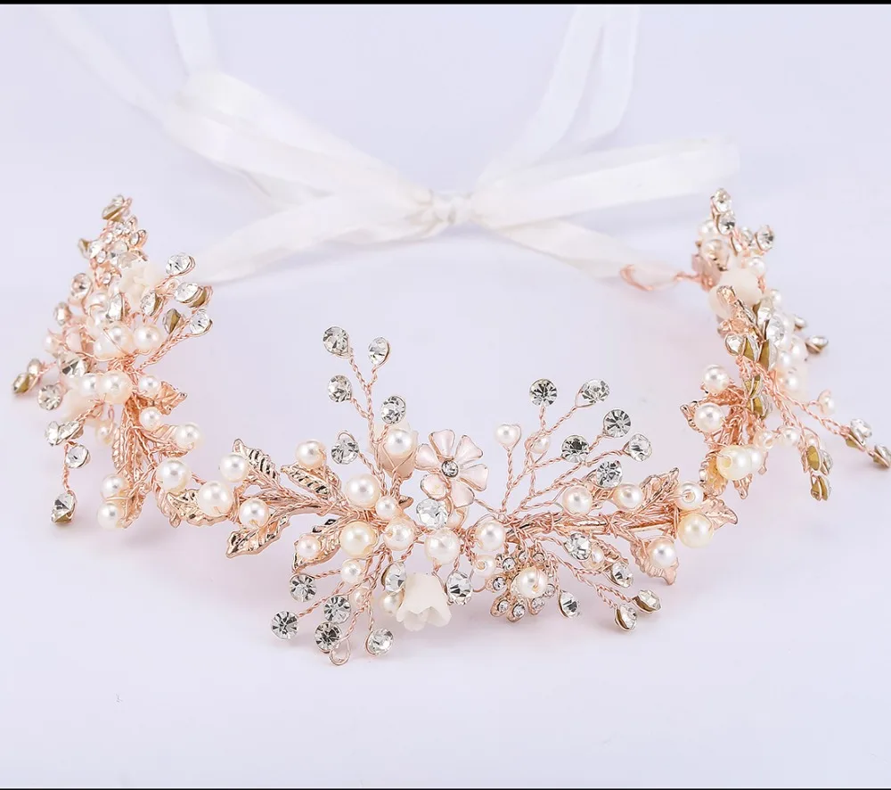 

Rose Gold Crystal Headband Baroque Pearl Bridal Headbands Crown Headpiece Headdress Wedding Hair Accessories Bride Tiara Jewelry