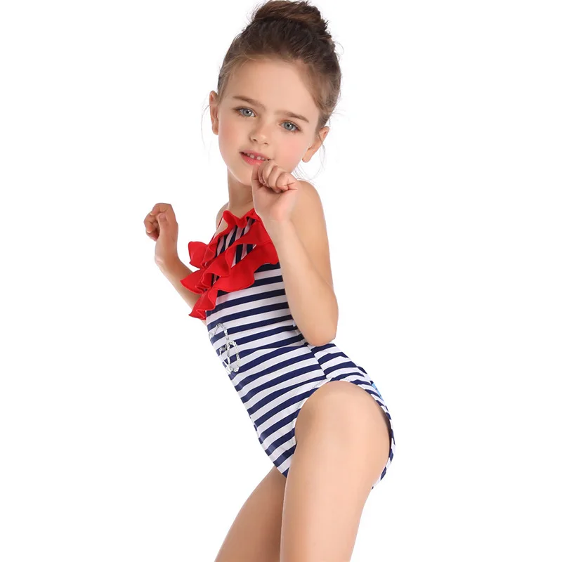 New Girls One Piece Swimsuits Striped Falbala Collar Cute Swimming Suits Children Swimwear Summer Kids Bathing 5-14Y | Спорт и