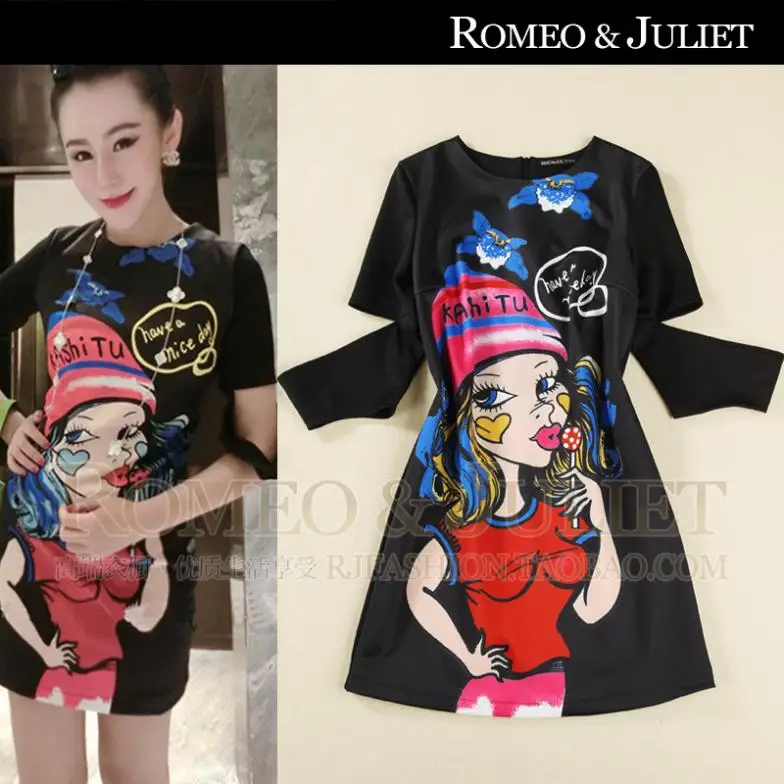 2014 spring and summer women cartoon printed cotton knit dress sweet Slim | Женская одежда