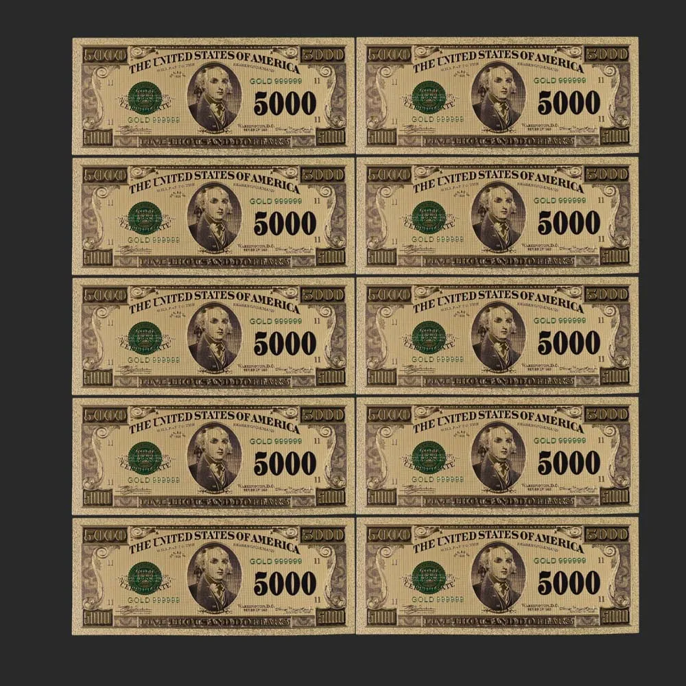 10pcs/lot Colorful America 999.9 Gold Plastic Money Replica US 5000 Dollar Gold Foil Banknote Bill Currency Home Decor
10pcs/lot Colorful America 999.9 Gold Plastic Money Replica US 5000 Dollar Gold Foil Banknote Bill Currency Home Decor